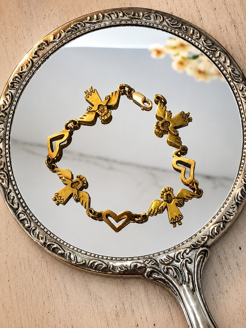 Vintage Jeep Collins JC Brass Angel & Heart Bracelet 8" Signed Brazil Christian